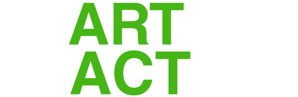 The Freeman Studio Green bold text reads "ART ACT" with faint white letters forming the phrases "START ACTING" in the background. New York & Toronto Acting Studio