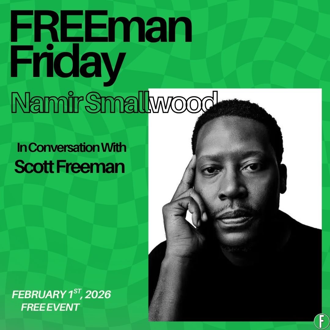 The Freeman Studio Promotional graphic for Freeman Friday featuring Namir Smallwood in conversation with Scott Freeman on February 1, 2026; includes a black-and-white portrait of Namir Smallwood. New York & Toronto Acting Studio